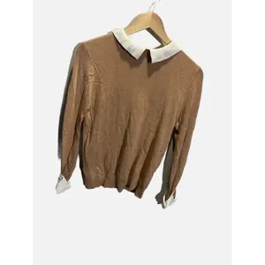 Zara Knit Sweater Women Medium Brown Peter Pan Collar Pearl Cuff Preppy‎ Office thumbnail 2