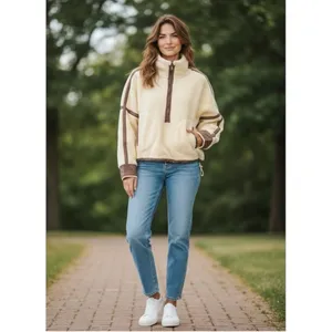 NWOT Boho Quarter-zipped Cream and Tan Oversized Fleece Jacket Sz Small thumbnail 2