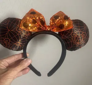 Disney Parks Halloween Black Orange Sequin Bow Mouse Ears Spiderweb MNSSH thumbnail 1