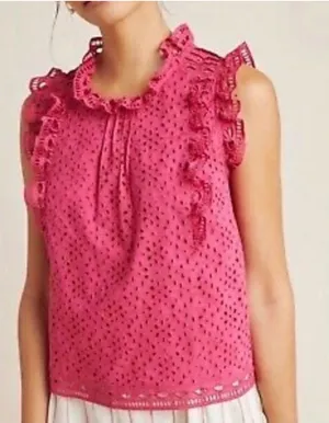 Maeve Anthropologie Womens Feminine Raspberry Eyelet Ruffle Tilly Blouse Size 8‎ thumbnail 1