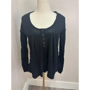 We The Free Free People Black Linen Blend Henley Babydoll Top Long Sleeve Medium thumbnail 3