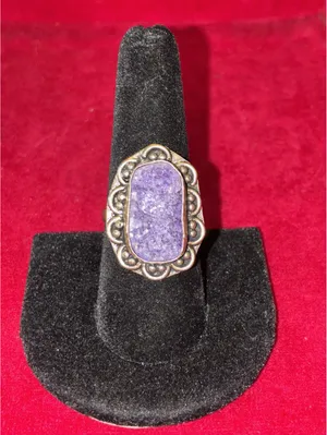 Vintage Boho Purple Purpurite Druzy Ring Antiqued Silver Tone Scalloped Border thumbnail 2
