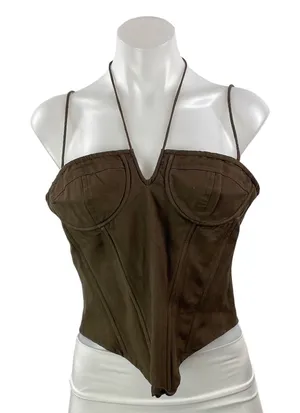 Lioness Brown Linen Sleeveless Cami Halter Longline Bustier Corset Crop Top M thumbnail 1