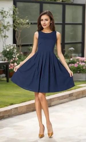 Women's Size XL Sleeveless Fit & Flare Dress Navy Blue Scoop Neck Pleated‎ Skirt thumbnail 1