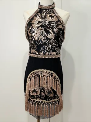 12th Tribe Like Gold Dust Fringe Mini Dress Large Black Sequin Festival Western thumbnail 6