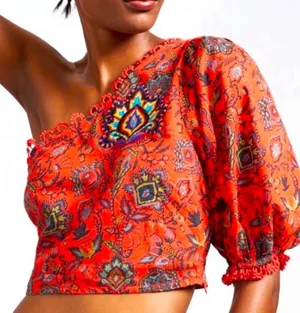 Anthropologie Farm Rio PATCH Design Vibrant Orange One-Shoulder Top NWT XL Linen thumbnail 1