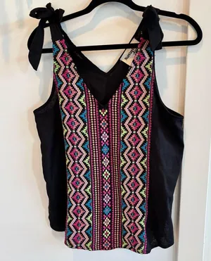 Savanna Jane the Bella Horatio Ribbon Tie Linen Blend Embroidered Tank Women's S thumbnail 2