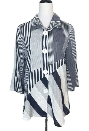 DAMEE Oversized Striped Button Up Shirt Small Wire Collar Blue Lagenlook Artsy thumbnail 1