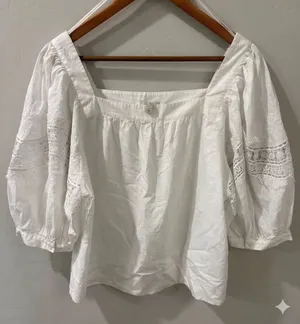 Ann Taylor White Lace Inset Puff Sleeve Blouse - Size XL thumbnail 1