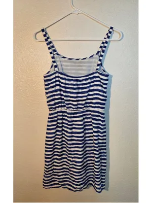 LOFT Women’s S Blue & White Striped Spaghetti Strap Sundress Floral Front Gather thumbnail 2