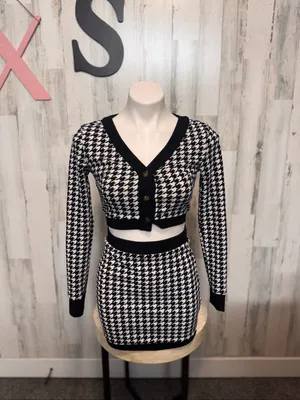 SHEIN Two Piece Set Womens Extra Small Houndstooth Crop Cardigan Skirt Black Whi thumbnail 2