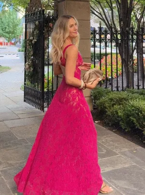 Naked Wardrobe Dress Pink Magenta Maxi Lace Sheer thumbnail 1
