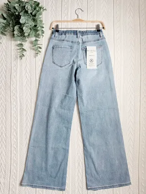 RISEN Light Wash Wide Leg Jeans Elastic Cinch Tie Waist Slouchy Various NEW thumbnail 14