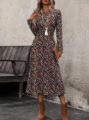 Black Multi-Floral Retro Bodycon Long Sleeve Dress thumbnail 3