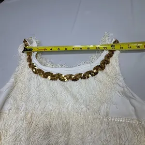 White Sleeveless Flapper-Style Fringe Mini Dress with Gold Sequin Neckline thumbnail 6