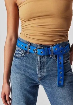 NWT Free People Avril Grommet Leather Woven Extra-Long Belt in Cobalt Blue thumbnail 1