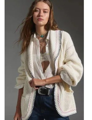 Anthropologie Maeve Collared Whipstitch Open Cardigan Sweater Size L thumbnail 1