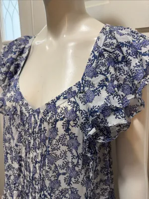 Isabel Marant Étoile Godrana Flutter-Sleeve Blue Floral Ruffle-Sleeve Dress S 44 thumbnail 6