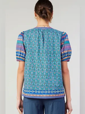 Anthropologie Current Air Floral TribalSplit Neck Blouse Puff Sleeves NWT Small thumbnail 2