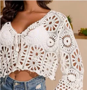 Women’s Crochet Tie Front Cardigan in White OS NWT $68R thumbnail 4