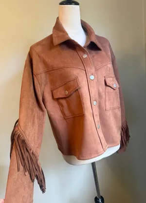 Brown Faux Suede Fringe Western Shacket Brown boho retro y2k Jacket Medium bohem thumbnail 1