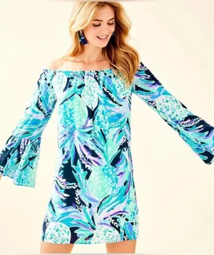 Lilly Pulitzer Women’s Off The Shoulder Navy Alotta Colada Mini Dress Size XXS thumbnail 1