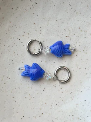 Handmade unique funky cute blue ceramic fish hoop earrings ⭐️🐟💕  thumbnail 2