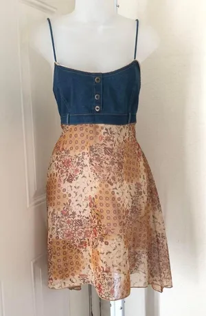 Carolina Blues 2000s Y2K boho hippie Tan navy blue jean denim patchwork midi dress with button front cami spaghetti strap #festival Size 8/M, measurements in pics thumbnail 2