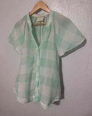 Anthropologie Maeve Gingham Flutter Top Mint Green White Size S thumbnail 1
