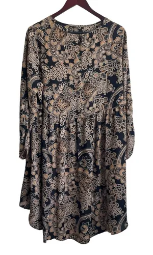 Cato Women Tunic Top 14/16 Tan Black Floral Dramatic Hem Boho Artsy‎ Whimsygoth thumbnail 1
