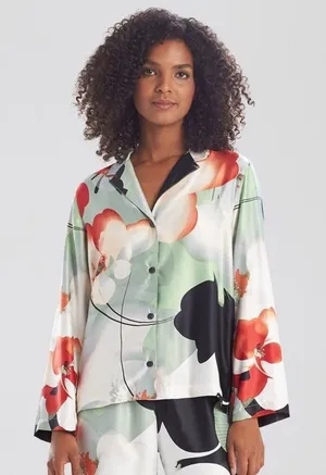 Natori Exotic Poppy Mandarin Notch Pajama Top Size Medium thumbnail 1