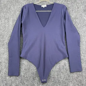 Good American Bodysuit Blue Long Sleeve Deep V Stretch Snap Closure Size 4 thumbnail 1