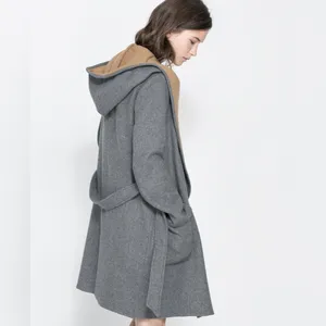 Zara Wool Blend Camel Gray Wraparound Hooded Coat MEDIUM thumbnail 2