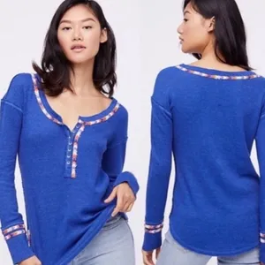Free People "We the Free" Blue Rainbow Embroidered Henley Thermal Top size S thumbnail 4