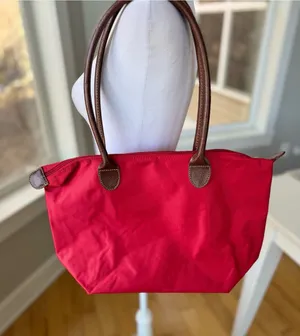 Vintage Classic Preppy Red Nylon Zippered Tote Bag w Brown Leather Handles thumbnail 1
