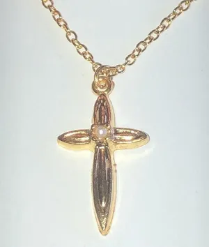 Vintage Gold Tone & Faux Pearl Cross Pendant Necklace thumbnail 1