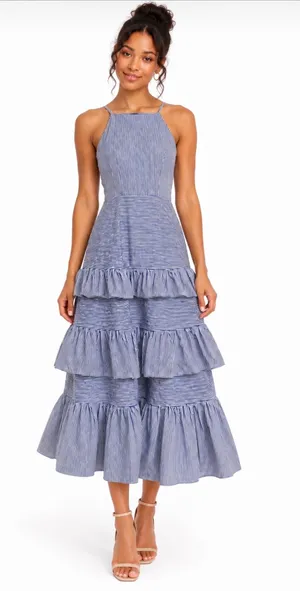 Just Me Blue Striped Tiered Ruffle Halter Midi Dress thumbnail 1