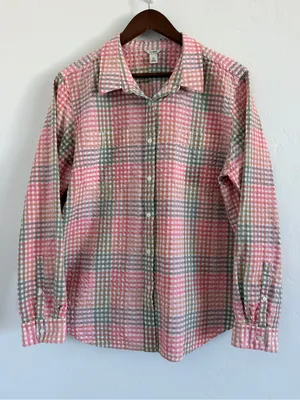 L.L.Bean Button Down Shirt Women’s XL Pink Green Plaid Check Cotton Long Sleeve thumbnail 1