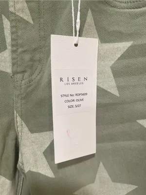 NWT Risen Jeans 5/27 Olive Star Print Distressed Crop Straight RDP5609 New with thumbnail 3