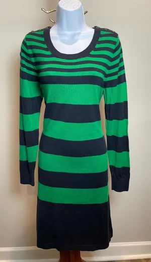 Banana Republic Navy Green Striped Sweater Dress Long Sleeve Cotton Size L thumbnail 1