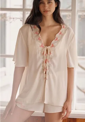 NWT Anthropologie LyreBird Silky Tie-Front Top Ecru Size Medium thumbnail 1