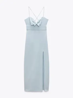Zara Light Blue Midi Dress with Tie-Front and High Slit thumbnail 5