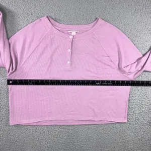 Victoria's Secret Lounge‎ Shirt Women Large Cropped Henley L/S Casual Preppy thumbnail 4