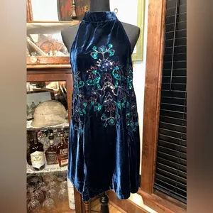 Free People Velvet Embroidered Halter Mini Dress Navy Blue Floral Sequin thumbnail 4
