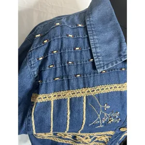 Tantrums Jacket Women XL Blue Good Vintage‎ Embroidered Beaded Denim Retro thumbnail 3