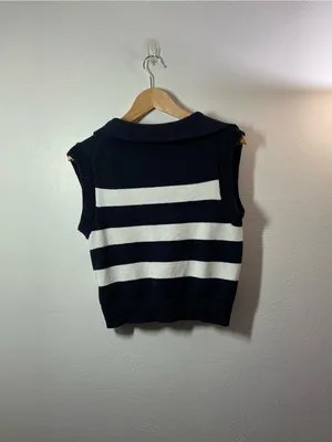 Moon & Madison Navy & White Striped Collared V‑Neck Knit Sleeveless Sweater thumbnail 2