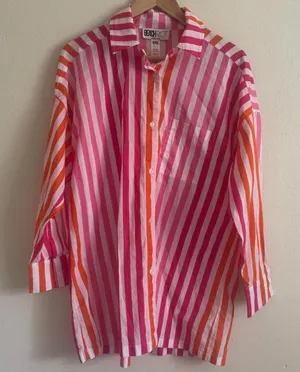 Beach Riot Revolve Alexa Pink Orange Stripe Cotton Button Down Swim Cover Up thumbnail 1