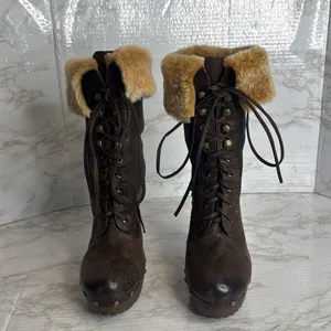 Sam Edelman Winsford Brown Leather Lace‎ Up Clogs Fur Booties Size 6.5M festival thumbnail 4