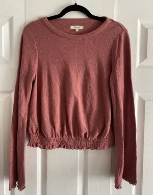 Madewell Smocked Gauze Top‎ Womens Size S Pink Crop Long Sleeve Cotton thumbnail 1
