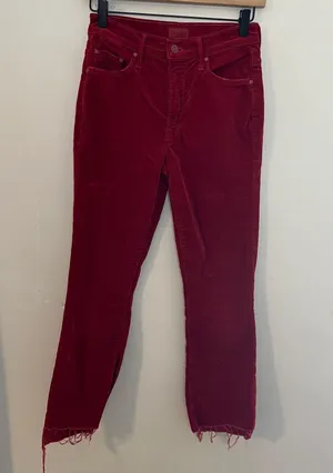 MOTHER- Insider Crop Step Fray Hopscotch Red Corduroy Pants Raw Hem thumbnail 2